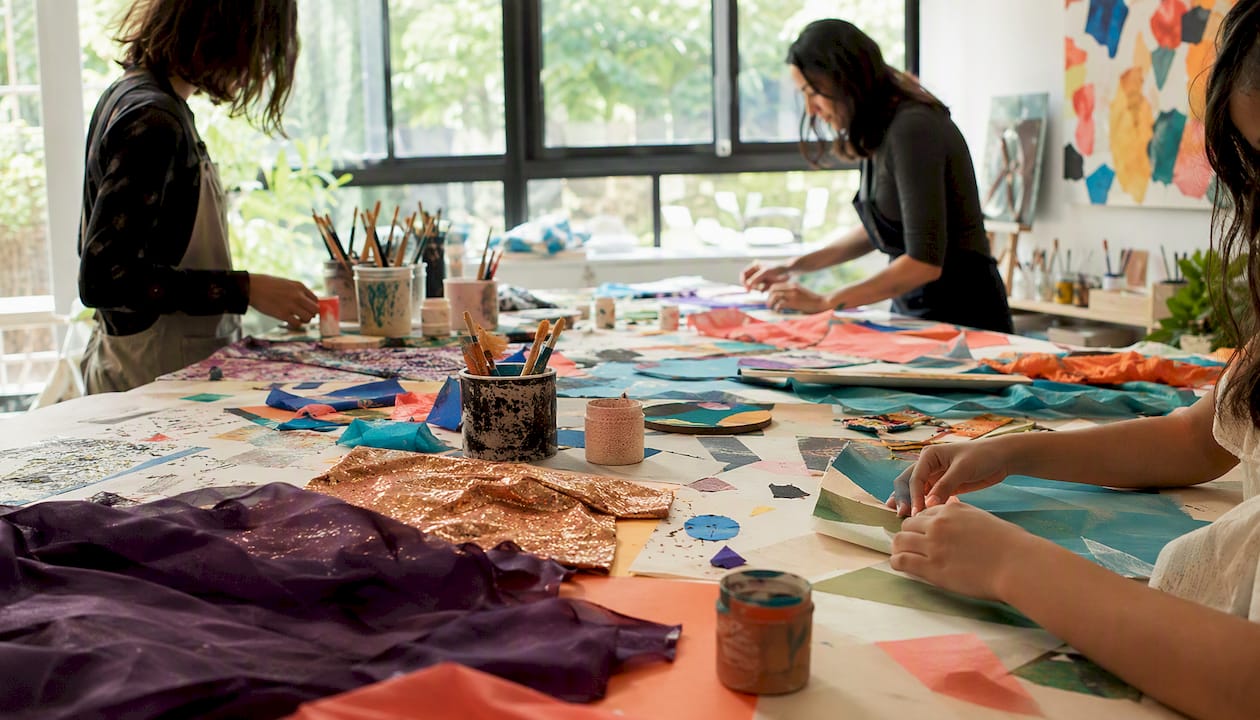Hands creating textured collaborative mural indoors