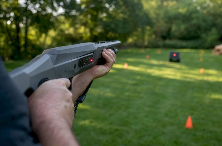 Close-up of laser shotgun aimed in backyard