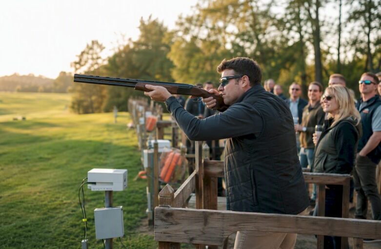 Person aiming laser clay shooter at outdoor corporate event