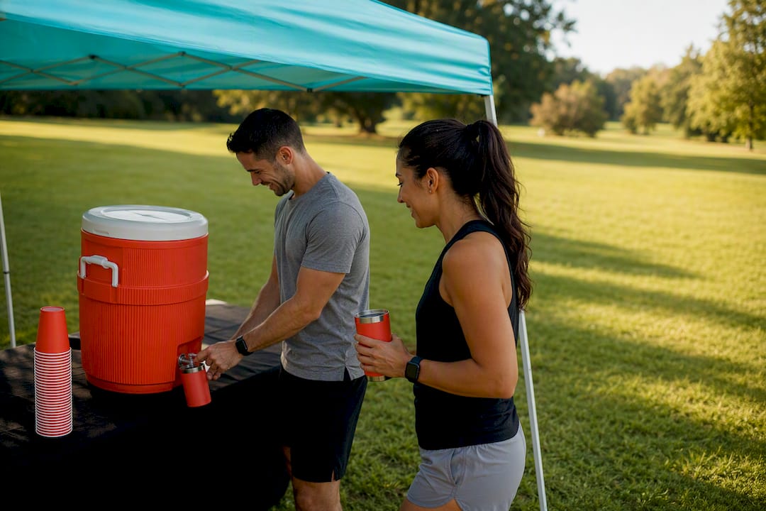 Hydration station beside shaded picnic area