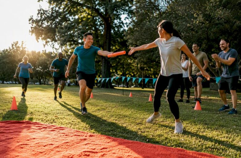 Team passing baton during company picnic relay
