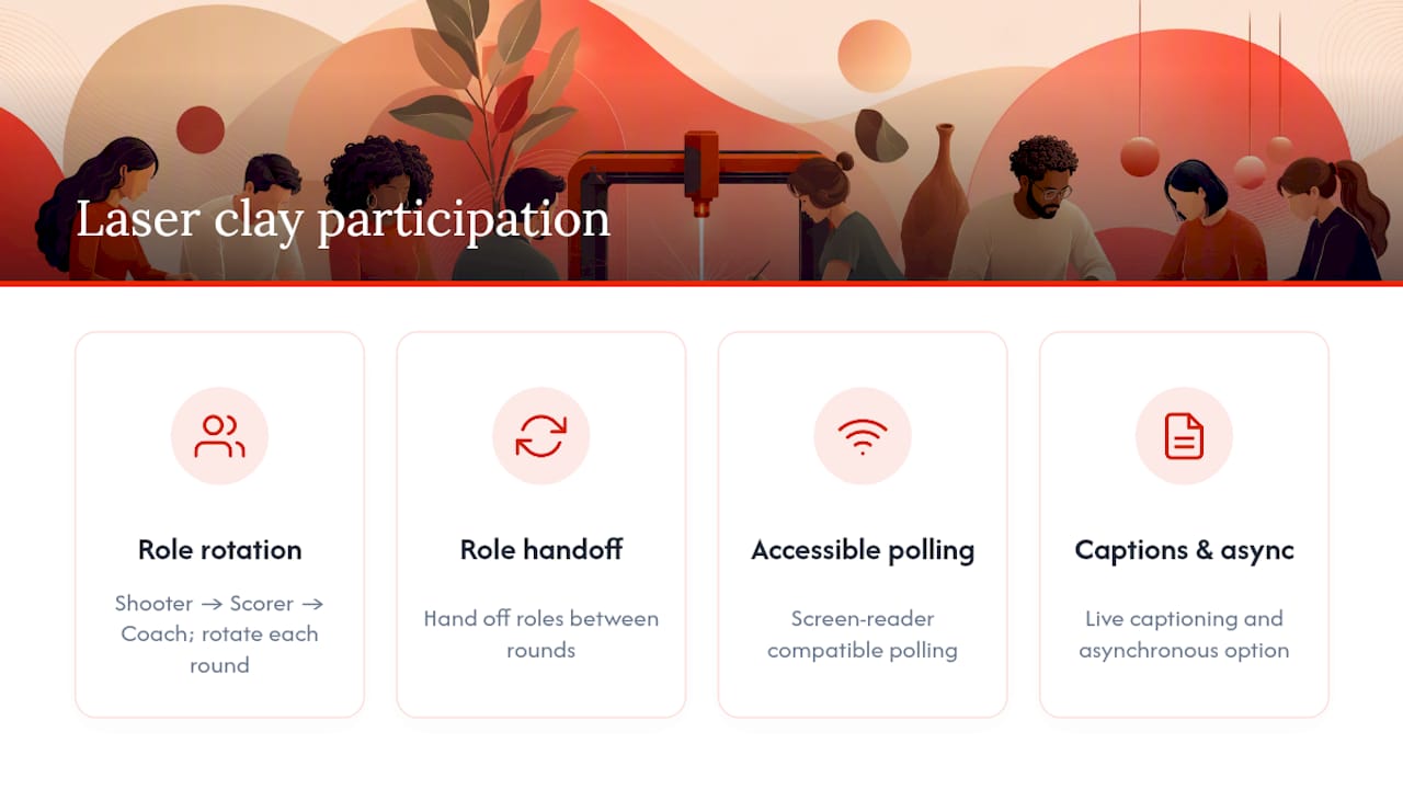 Laser clay roles and accessible participation options