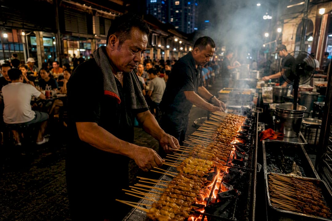 Satay skewers grilling on Singapore street