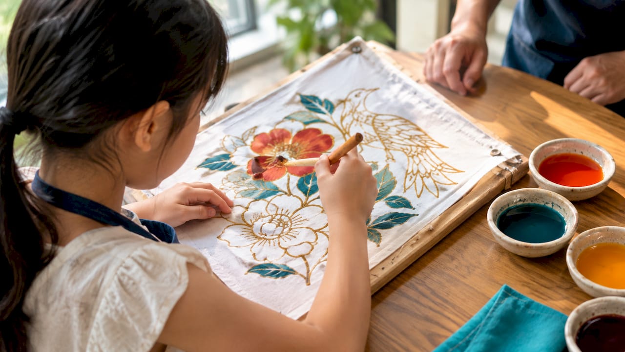 Child painting batik cloth in workshop