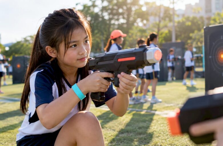 Children taking turns at a laser target activity