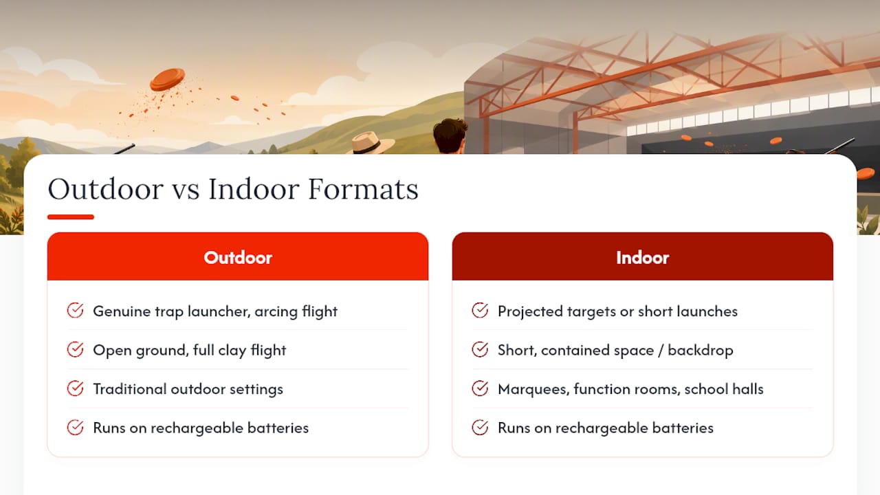 Comparison of indoor and outdoor laser clay formats