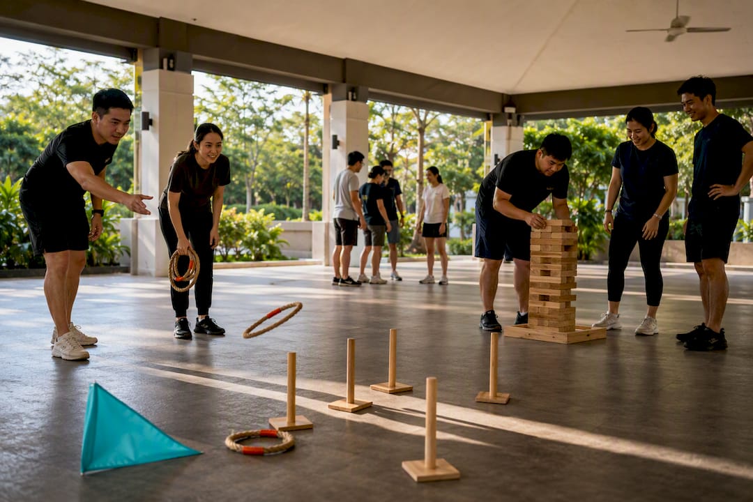Teams competing at carnival game stations
