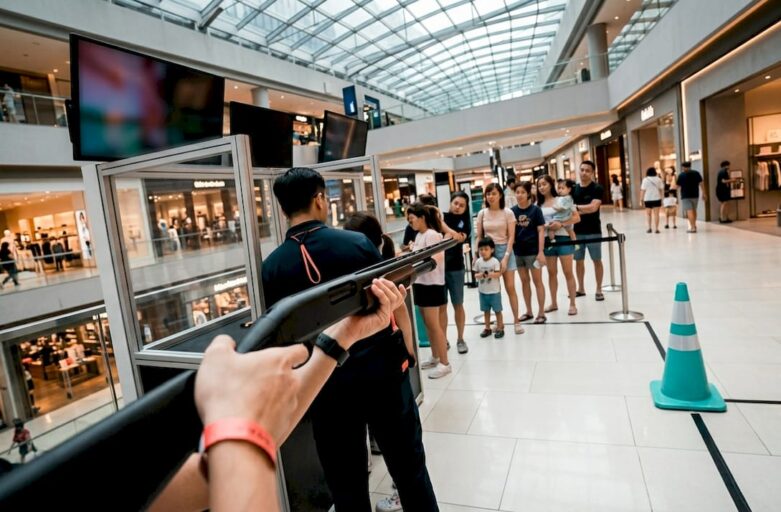 Family laser clay activation in mall atrium