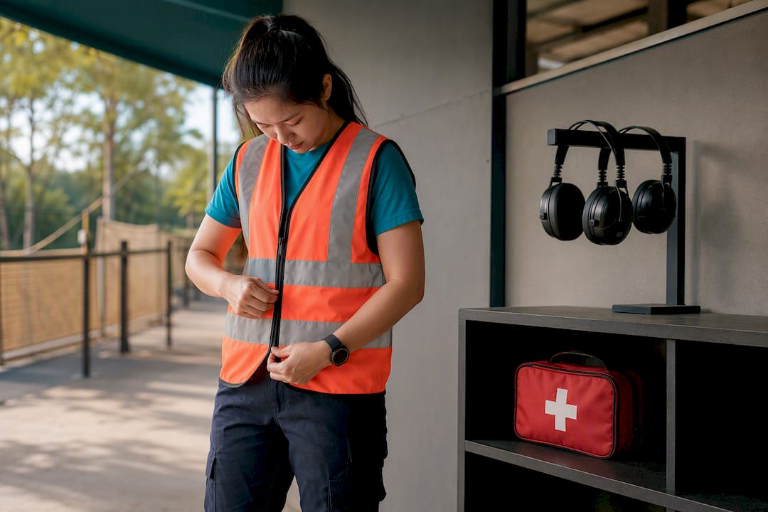 Marshal preparing safety gear and first aid kit