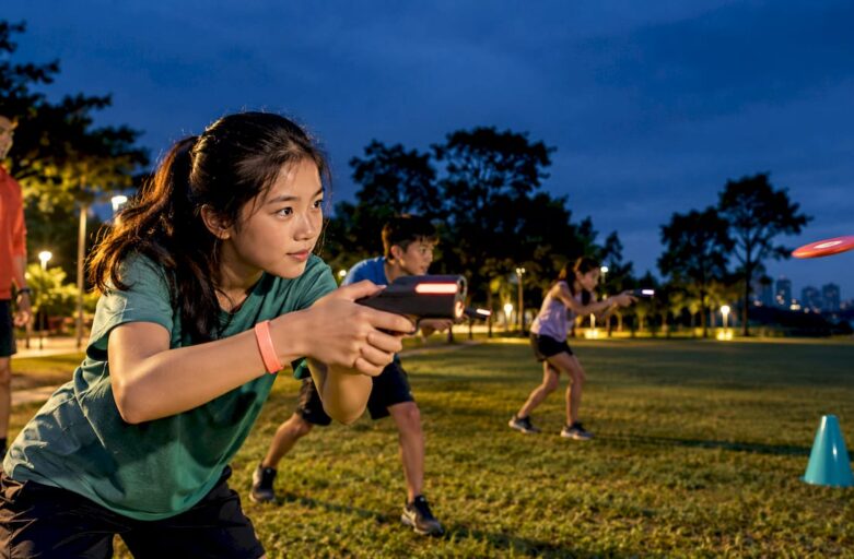 Youth camp group playing laser clay at dusk
