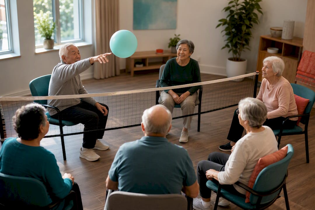 Older adults playing seated balloon volleyball