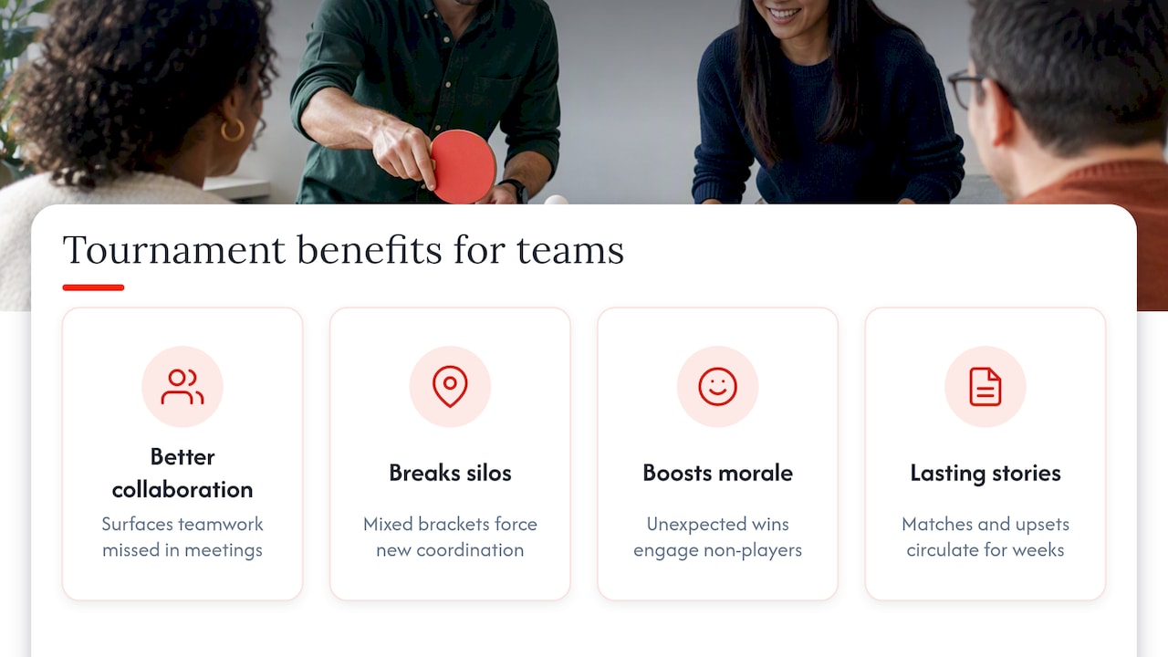 Benefits of corporate tournament games for team building and employee engagement — overview diagram