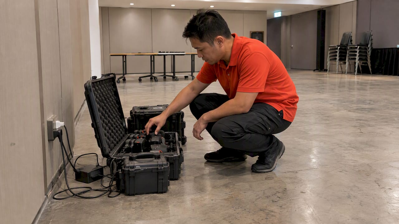 Facilitator checks laser-clay equipment and spacing