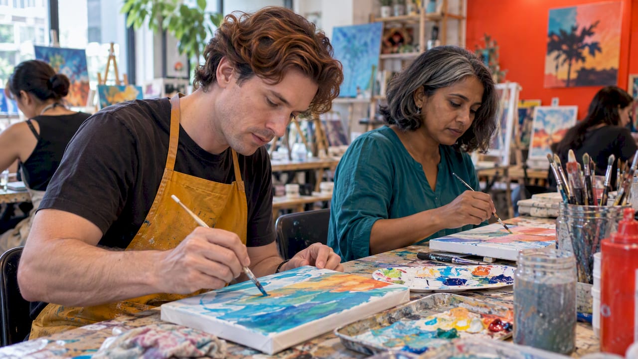 Colleagues painting canvases at a workshop