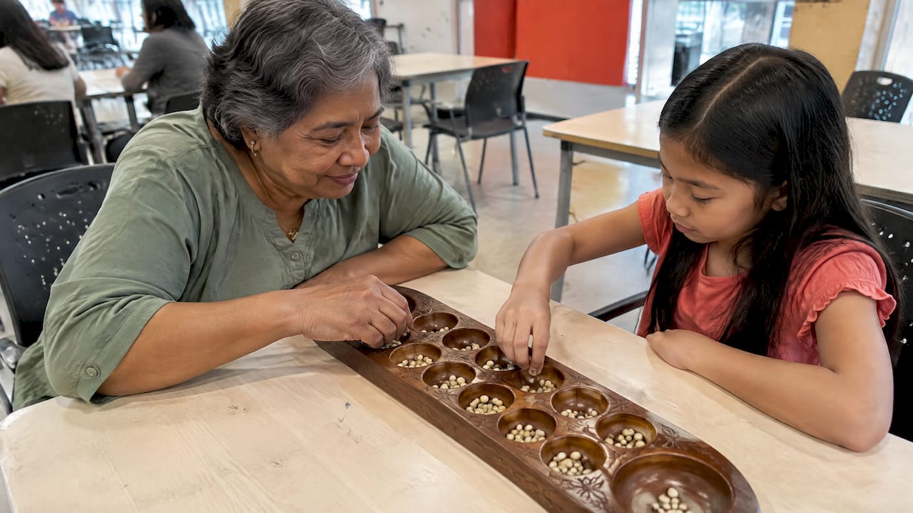 Adult and child playing congkak together